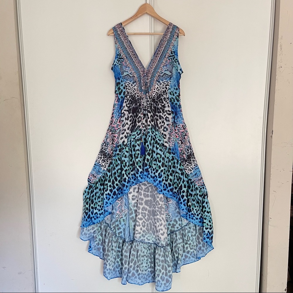 True Colours La Moda Blue Cat Hi Low Frill Maxi Cover Up Dress